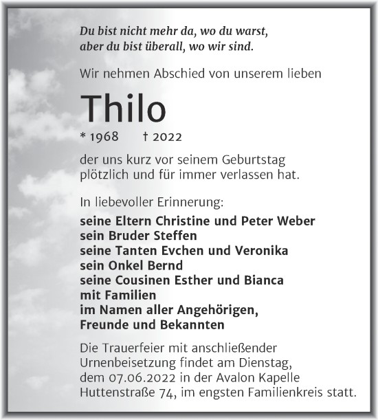 Traueranzeige von Thilo  von Mitteldeutsche Zeitung Halle/Saalkreis