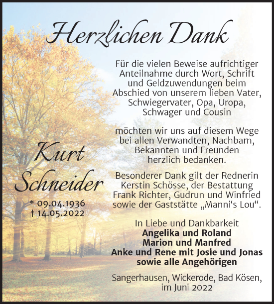 Traueranzeige von Kurt Schneider von Trauerkombi Sangerhausen