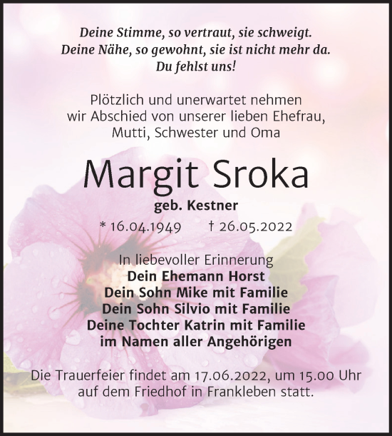 Traueranzeige von Margit Sroka von Trauerkombi Merseburg