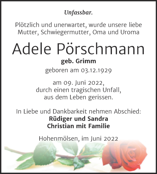 Traueranzeige von Adele Pörschmann von Trauerkombi Weißenfels