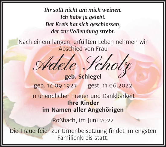 Traueranzeige von Adele Scholz von Trauerkombi Merseburg