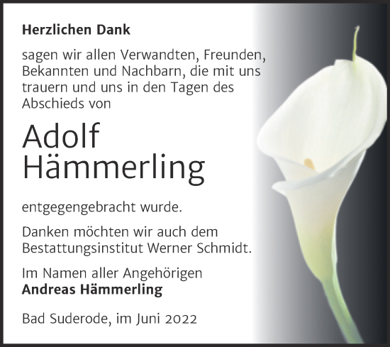 Traueranzeige von Adolf Hämmerling von Trauerkombi Quedlinburg