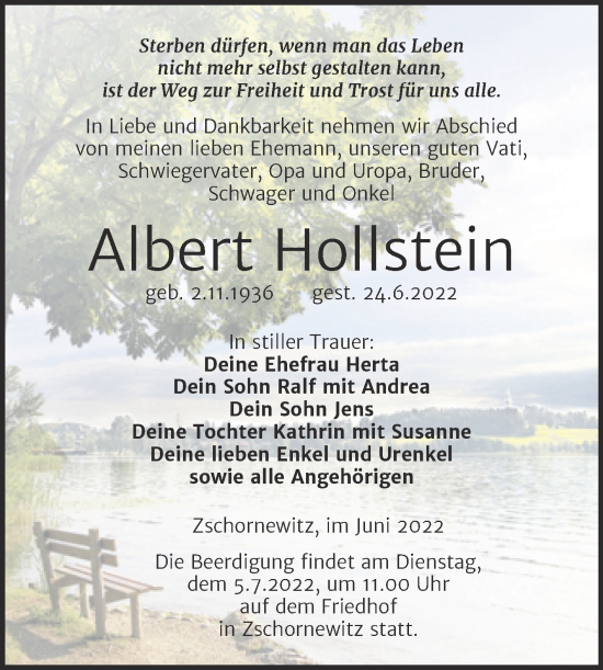 Traueranzeige von Albert Hollstein von Trauerkombi Wittenberg