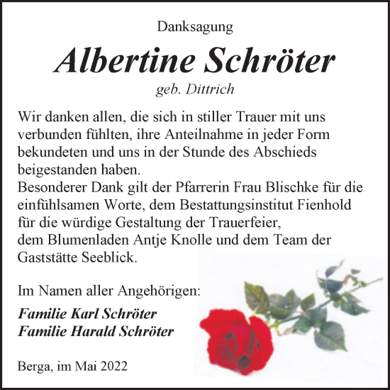 Traueranzeige von Albertine Schröter von Trauerkombi Sangerhausen