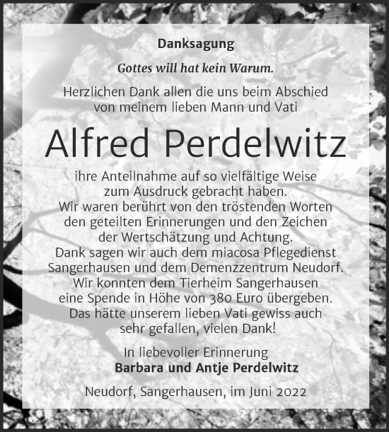 Traueranzeige von Alfred Perdelwitz von Trauerkombi Sangerhausen