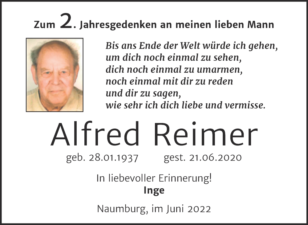  Traueranzeige für Alfred Reimer vom 22.06.2022 aus Wochenspiegel Naumburg/Nebra