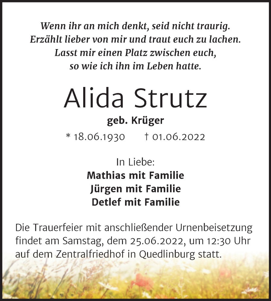  Traueranzeige für Alida Strutz vom 18.06.2022 aus Trauerkombi Quedlinburg