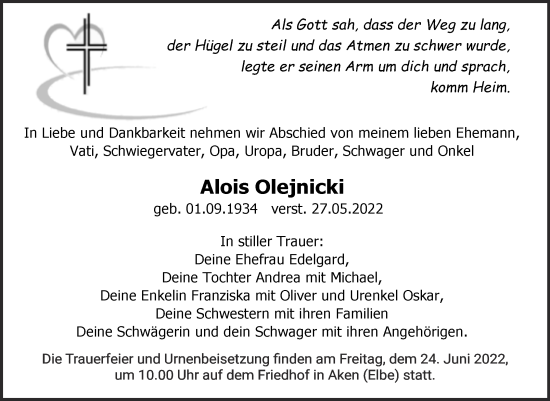 Traueranzeige von Alois Olejnicki von Trauerkombi Köthen