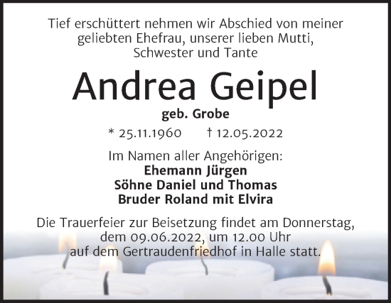 Traueranzeige von Andrea Geipel von Mitteldeutsche Zeitung Halle/Saalkreis