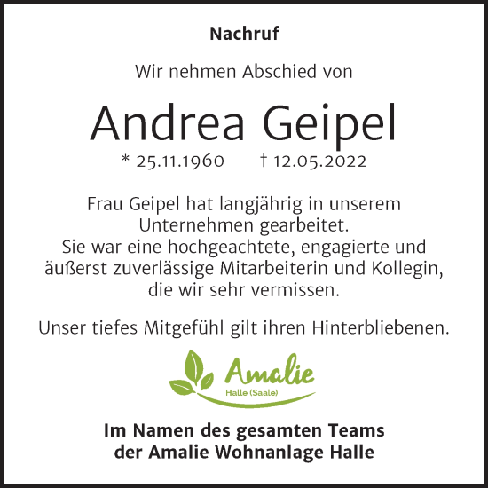 Traueranzeige von Andrea Geipel von Super Sonntag Halle/Saalkreis