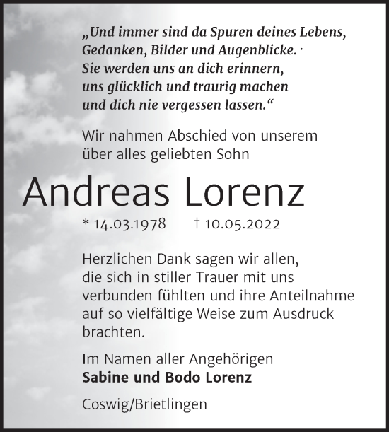 Traueranzeige von Andreas Lorenz von Trauerkombi Wittenberg
