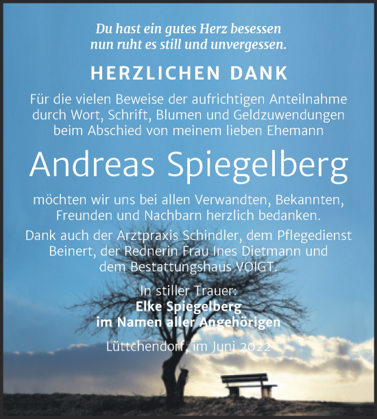 Traueranzeige von Andreas Spiegelberg von Trauerkombi Mansfelder Land