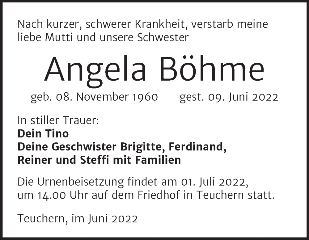  Traueranzeige für Angela Böhme vom 18.06.2022 aus Trauerkombi Weißenfels