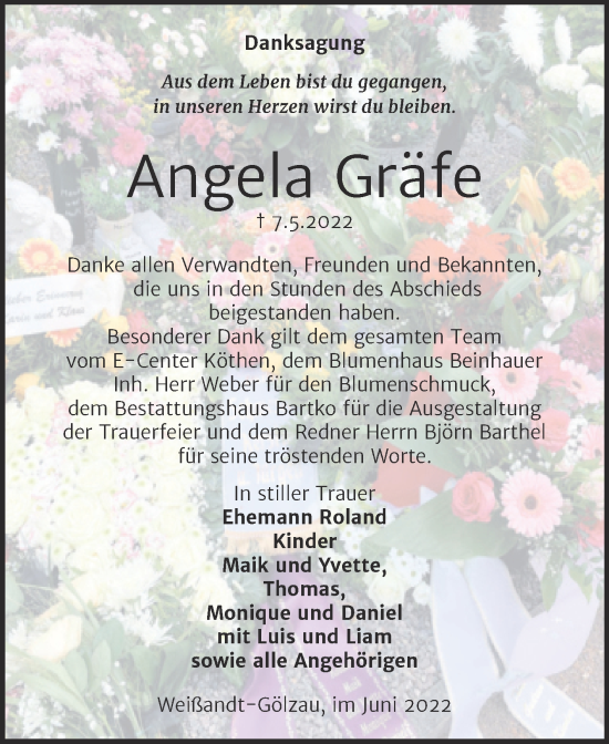 Traueranzeige von Angela Gräfe von Trauerkombi Köthen