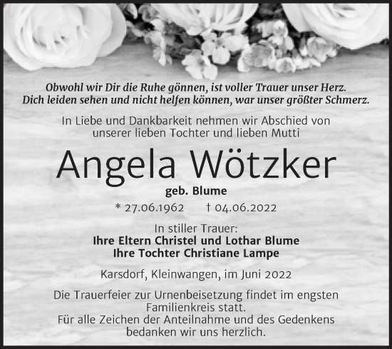 Traueranzeige von Angela Wötzker von Wochenspiegel Naumburg/Nebra