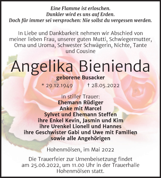 Traueranzeige von Angelika Bienienda von Trauerkombi Weißenfels