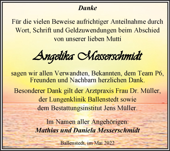 Traueranzeige von Angelika Messerschmidt von Trauerkombi Quedlinburg