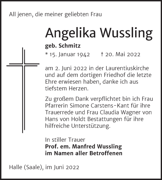 Traueranzeige von Angelika Wussling von Mitteldeutsche Zeitung Halle/Saalkreis