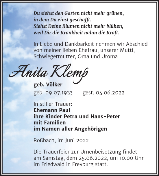 Traueranzeige von Anita Klemp von Trauerkombi Merseburg