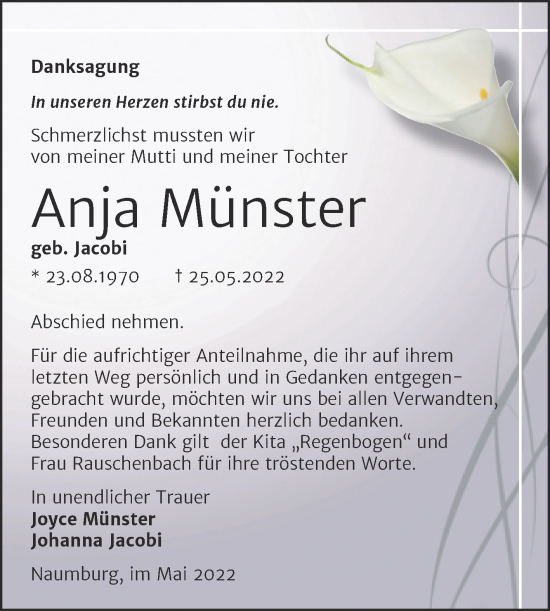 Traueranzeige von Anja Münster von Wochenspiegel Naumburg/Nebra