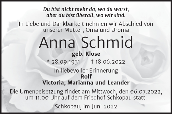 Traueranzeige von Anna Schmid von Trauerkombi Merseburg