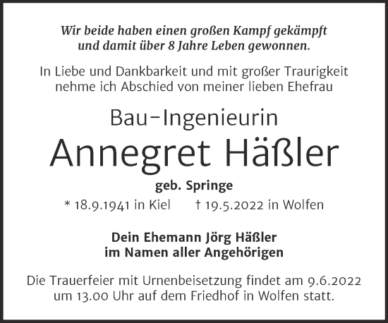 Traueranzeige von Annegret Häßler von Trauerkombi Bitterfeld