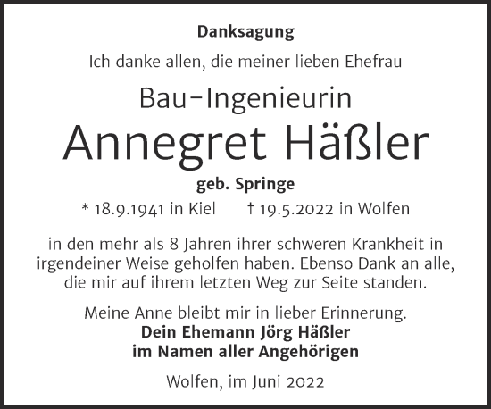Traueranzeige von Annegret Häßler von Trauerkombi Bitterfeld