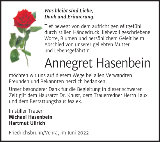Traueranzeige von Annegret Hasenbein von Trauerkombi Quedlinburg