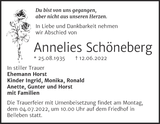 Traueranzeige von Annelies Schöneberg von Trauerkombi Bernburg