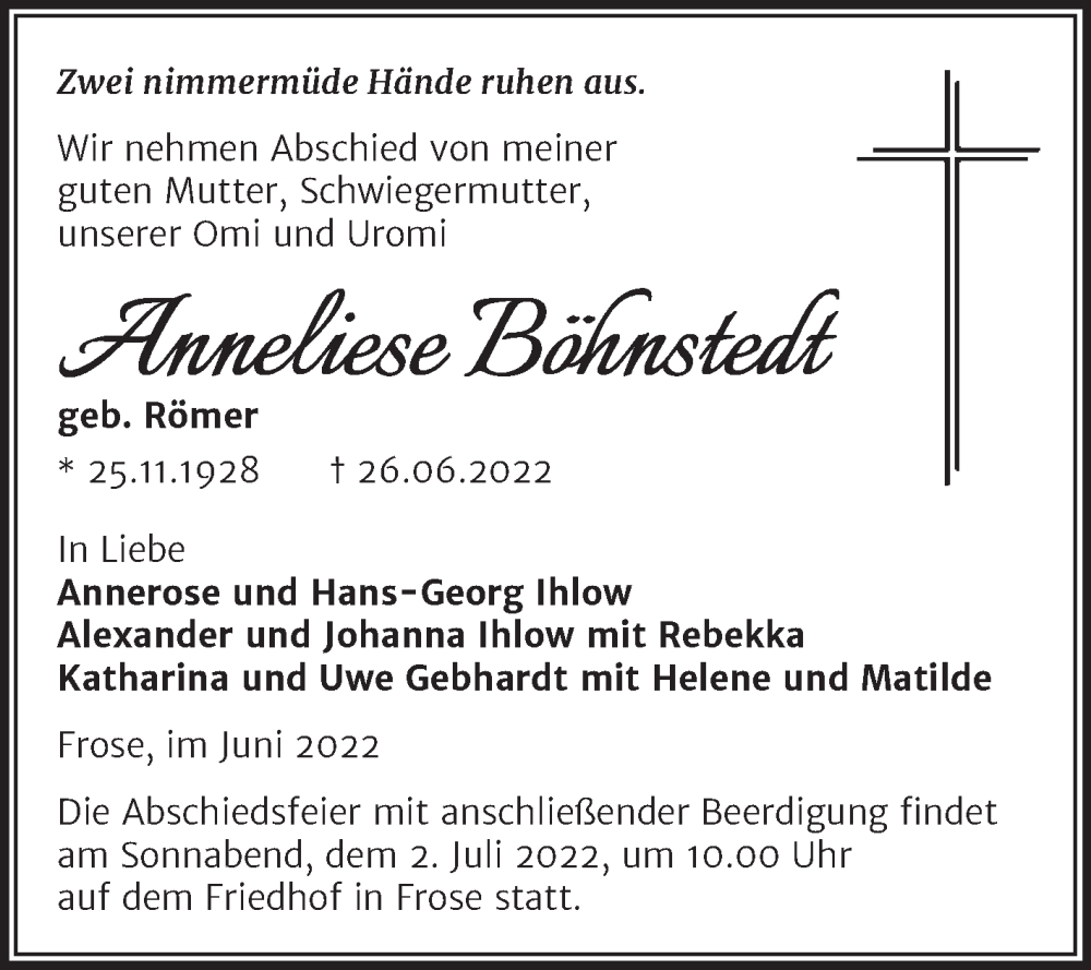  Traueranzeige für Anneliese Böhnstedt vom 29.06.2022 aus Mitteldeutsche Zeitung Aschersleben