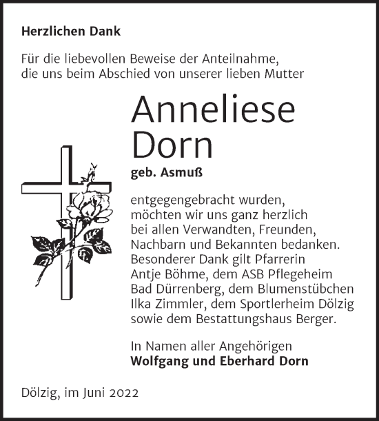 Traueranzeige von Anneliese Dorn von Super Sonntag Merseburg/Querfurt