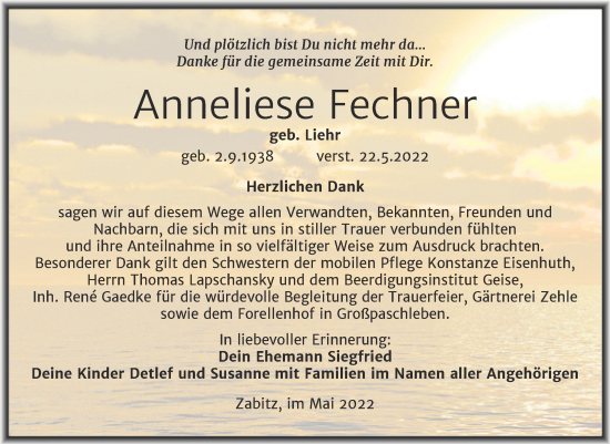 Traueranzeige von Anneliese Fechner von Trauerkombi Köthen