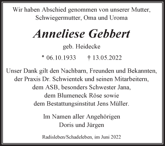 Traueranzeige von Anneliese Gebbert von Super Sonntag Aschersleben