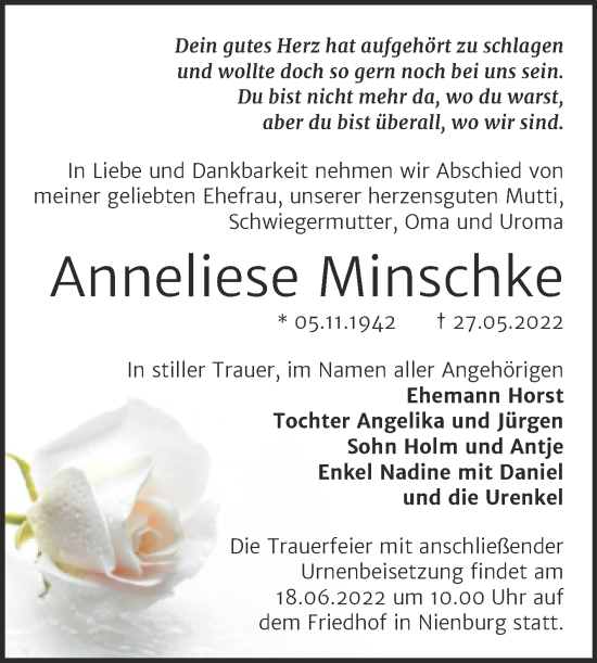 Traueranzeige von Anneliese Minschke von Trauerkombi Bernburg