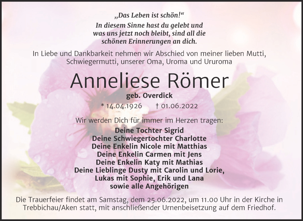  Traueranzeige für Anneliese Römer vom 10.06.2022 aus Trauerkombi Köthen