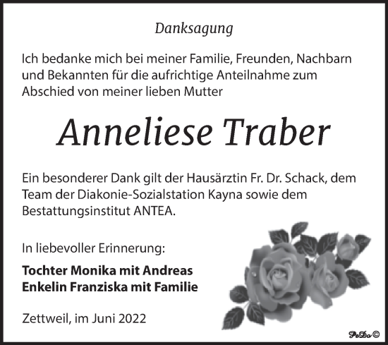 Traueranzeige von Anneliese Traber von Trauerkombi Zeitz
