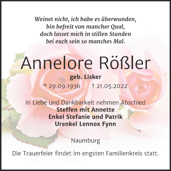 Traueranzeige von Annelore Rößler von Wochenspiegel Naumburg/Nebra