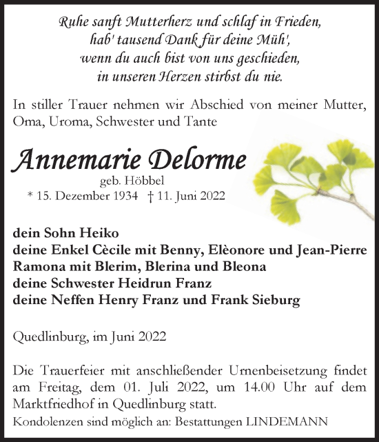 Traueranzeige von Annemarie Delorme von Trauerkombi Quedlinburg