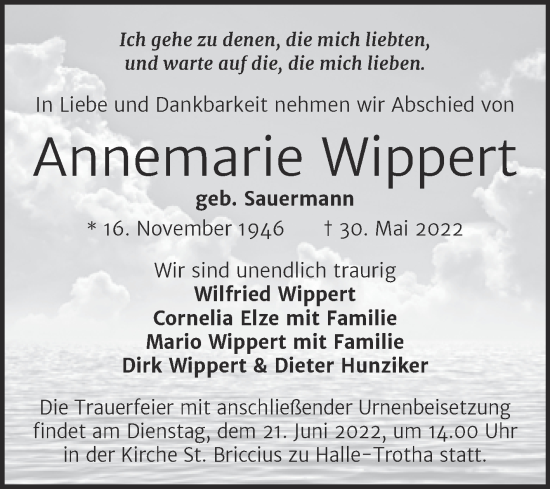 Traueranzeige von Annemarie Wippert von Mitteldeutsche Zeitung Halle/Saalkreis