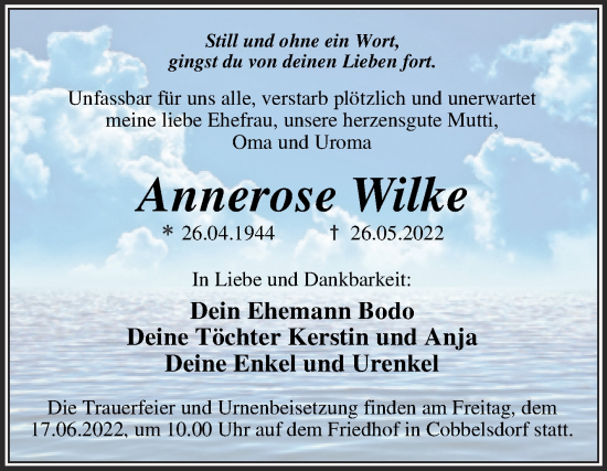 Traueranzeige von Annerose Wilke von Trauerkombi Wittenberg