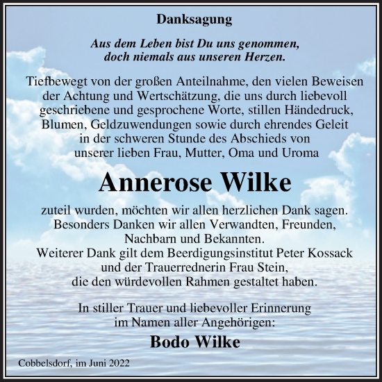 Traueranzeige von Annerose Wilke von Trauerkombi Wittenberg