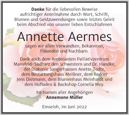 Traueranzeige von Annette Aermes von Trauerkombi Sangerhausen