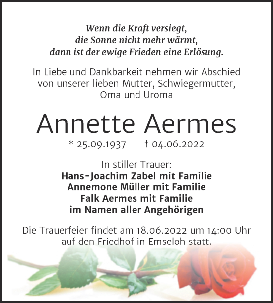Traueranzeige von Annette Aermes von Trauerkombi Sangerhausen
