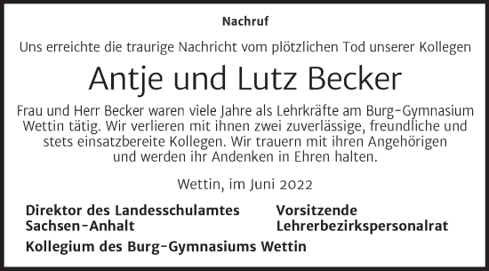 Traueranzeige von Antje und Lutz  Becker von Mitteldeutsche Zeitung Halle/Saalkreis