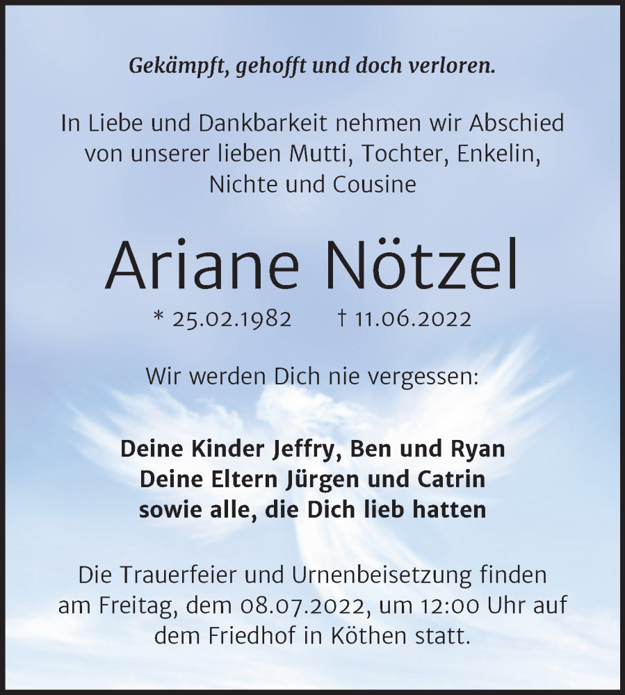  Traueranzeige für Ariane Nötzel vom 18.06.2022 aus Trauerkombi Köthen