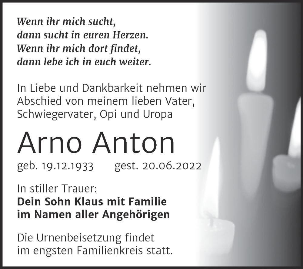  Traueranzeige für Arno Anton vom 25.06.2022 aus Trauerkombi Bitterfeld