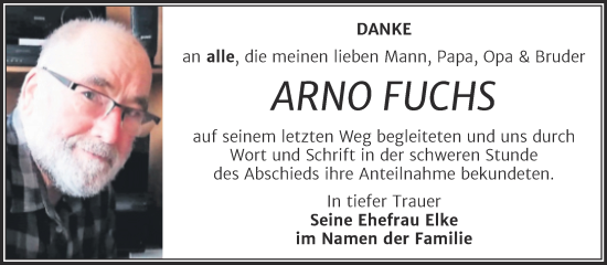 Traueranzeige von Arno Fuchs von Trauerkombi Sangerhausen
