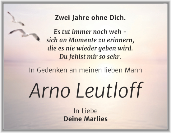 Traueranzeige von Arno Leutloff von Trauerkombi Merseburg