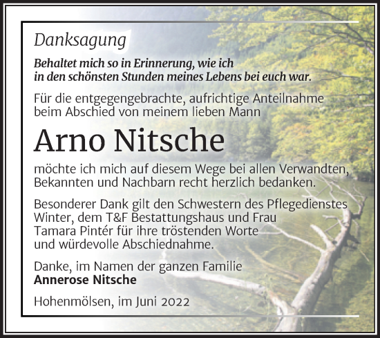 Traueranzeige von Arno Nitsche von Trauerkombi Weißenfels