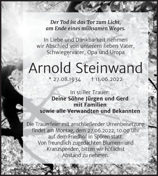 Traueranzeige von Arnold Steinwand von Trauerkombi Bitterfeld